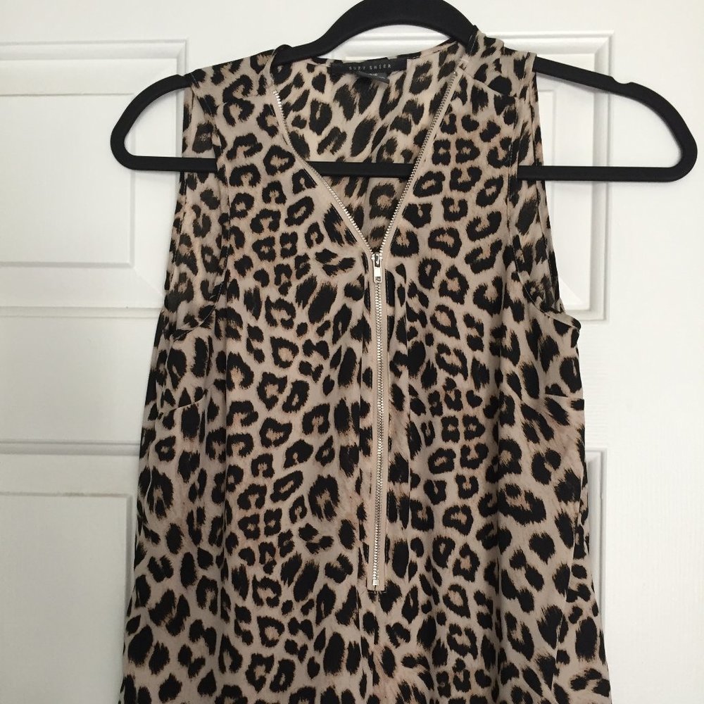 Leopard Front Zip Sleeveless Blouse